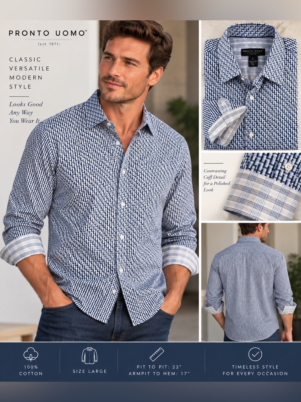 Pronto Uomo Men’s Large Blue White Geometric Print Cotton Shirt